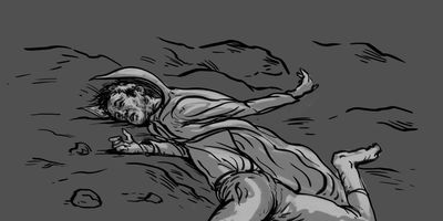 The ear belongs to a MANGLED BODY. It's wearing a pastel cape and baby blue ninja boots. Every bone is broken. It's lying on the glistening rock.