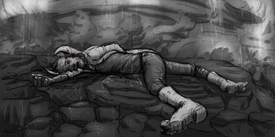 The water on the rocks form raindrops and shoot skyward. NOTE: SLOW MOTION.