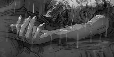 Zoom in to hand/wet rock.