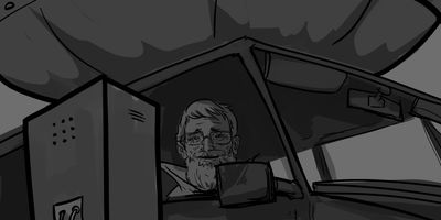 MS (STATIC) - In front of car looking at Glen.