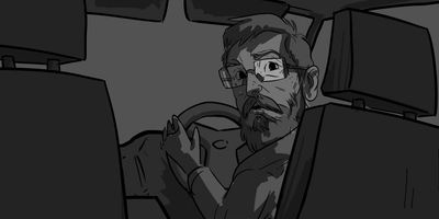 Glen cranes his neck around. MS (STATIC) - From the backseat of the car.