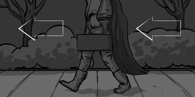 Glen carries his tool kit and plunger towards shopping centre
MCU (Dolly) - All we can see is the tools being carried. Tracking parallel to Glen
* Dolly of track