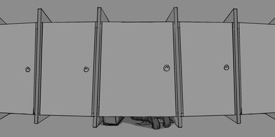 Flushing and banging from inside the toilet.
MS>WIDE (DOLLY) - Slow reveal, pointed at the door gap and slowly reveal and tilt up.
* Dolly on track. Move on staff members movement