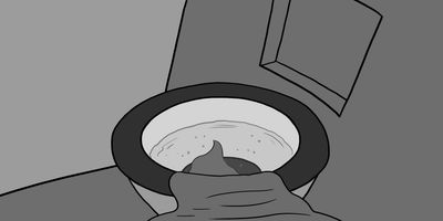 Glen notices that his cape is dangling in the toilet water
POV (HANDHELD) - Glens perspective
*Handheld