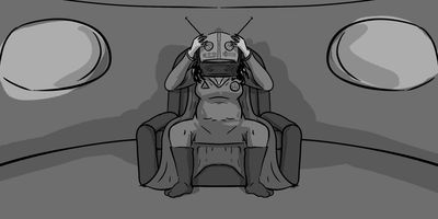 Glenrose is strapping on a kind of antique VR headset.
 WIDE (STATIC) - Slightly tilted upwards.