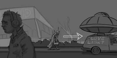 Glen returns to the Kingswood to find an envelope under the windscreen wiper.
LS>WIDE (Dolly) - Tracking parallel with Glen.
* Using the same track from Scene 11