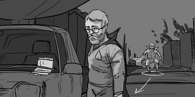 Glen finds envelope.
WIDE (STATIC) - From inside the car looking out.