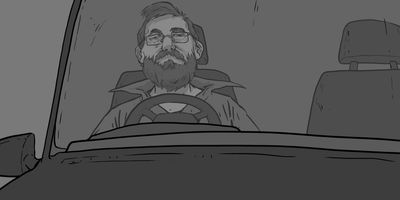 Glen sits down, takes a deep breath and opens the envelope.
MS>MCU (Dolly) - Tracking in on Glen from front of car.
* Dolly of track