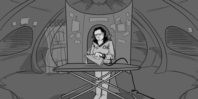 Glenrose grabs the iron and places it face down.
WIDE>MS (Dolly) - Tracking in on Glenrose from the front.
* Dolly of track