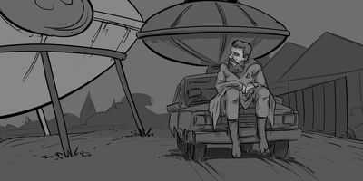 Glen sits on the steps of the Future house.
WIDE (STATIC) - Glenrose has here back turned. We see here in frame.