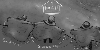 The group members grab the bottom edges of their cloaks and stretch their arms out.