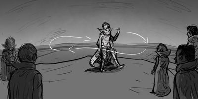 WIDE (DOLLY) - Track backwards with Darrens motion (camera slightly tilted above head)
Darren paces backwards, speedily, in front of the group members - up, back and up again.
* Slow motion, crane or dolly.