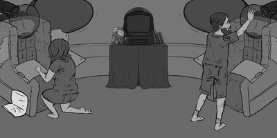 Glenrose and Glen get ready for bed.
WIDE (STATIC) - Slightly tilted upwards.
* Symmetrical