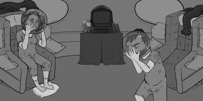 Glen and Glenrose place their helmets on over their heads.
MS (STATIC) - Centre framing.