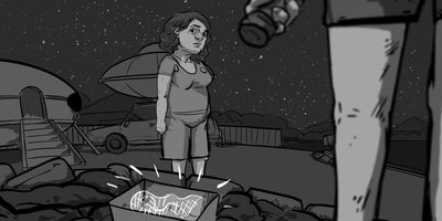 Glenrose notices something in the hole.
PROFILE (HANDHELD) - Reflecting the moonlight.
* Light gag on the beer bootle