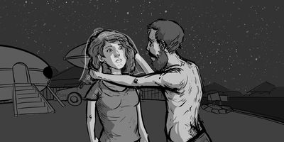 Glen stoops under the house.
MS (HANDHELD) - Glen paces towards Glenrose and slowly lowers the veil upon her head.