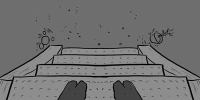 The staircase lowers and Glen emerges.
MS (STATIC) - All you see is Glen’s feet.
*Symmetrical, strong backlighting