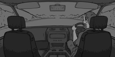 View of Glen in the car.
MS (STATIC) -Looking out from the back seat.