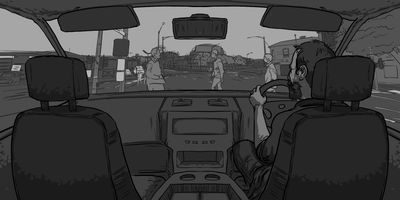 Glen pulls up at an intersection.
MS (STATIC) - Following from pervious scene.
* Symmetrical