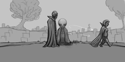 WIDE (STATIC) - Backdrop is Glen and Glenrose centre framed and gravestones all around.
She glides off, leaving Glen stewing..