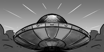 WIDE (STATIC) - All you see is the spaceship above the car and the landscape flying by.
* Attached to the car. Maybe slow motion, Need car rig (school has a mo rig)